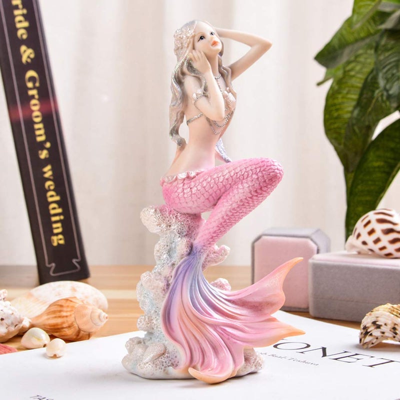 Rayberro Pink Mermaid Figurines 7.28" Resin Mermaid Sculpture Mediterranean Princess Ornaments Home Office Desktop Bookshelf Mermaid Collectible Figurines Crafts Fish Tank Aquarium Decoration - Image 3
